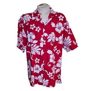 Alohawears Hawaiian Shirt Mens Large Vintage Red White Hibiscus Floral Cotton